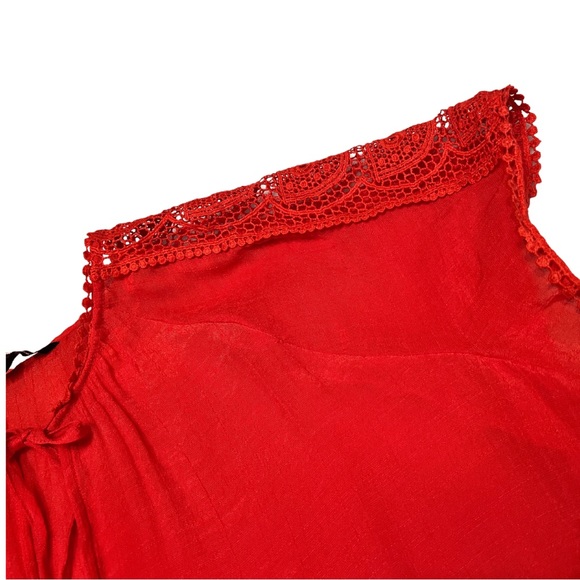 Women's Cap Sleeve Tie Front Blouse with Lace Inset - Picture 7 of 15